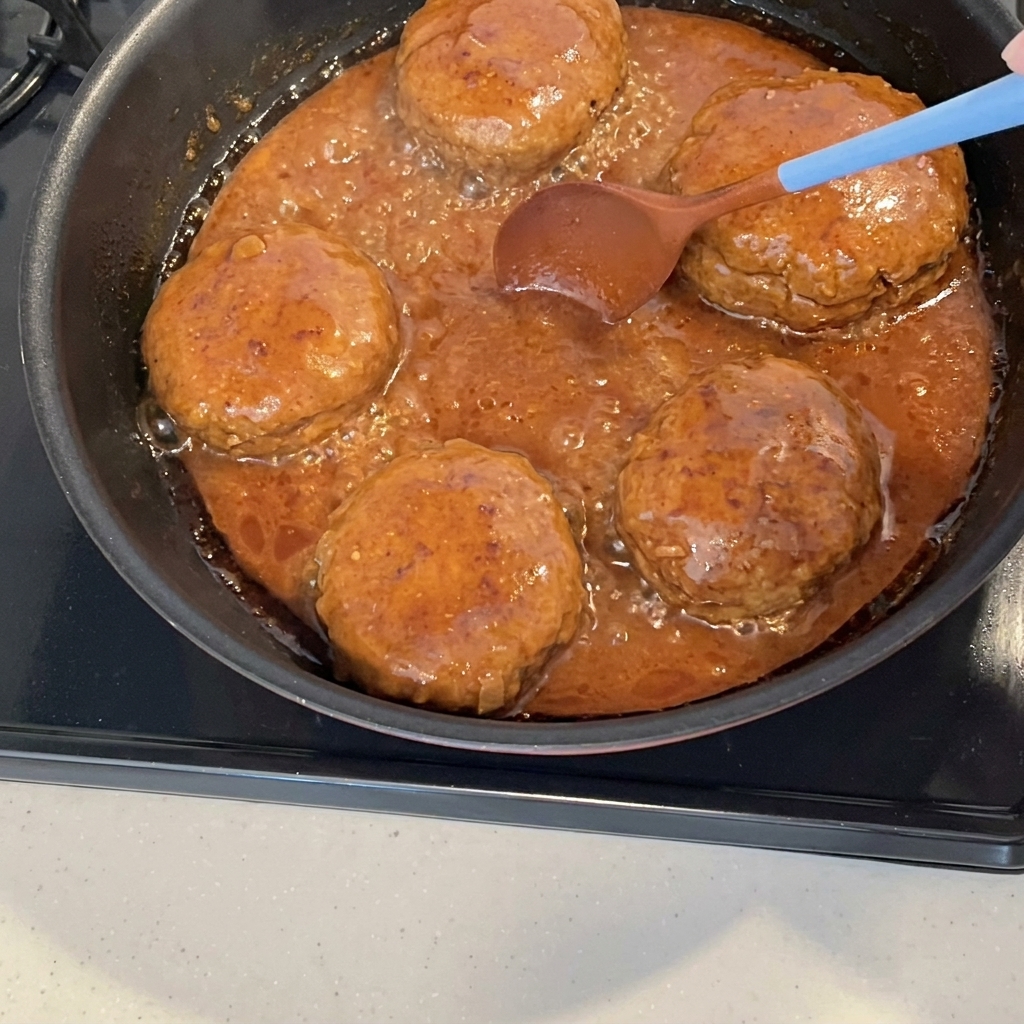 Una salsa espesa y brillante burbujeando en la sartén con los filetes, reduciéndose al fuego.