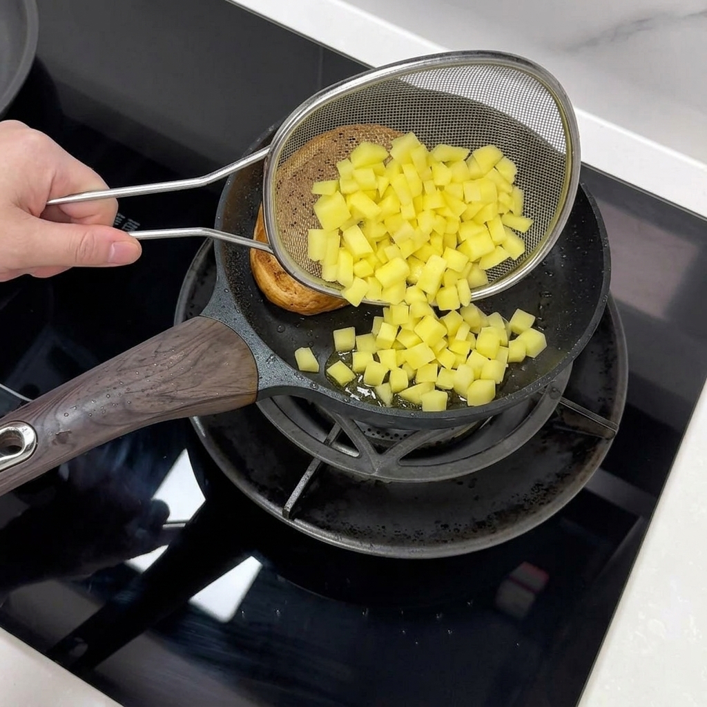 Dados de patata siendo añadidos a la sartén junto al pan.