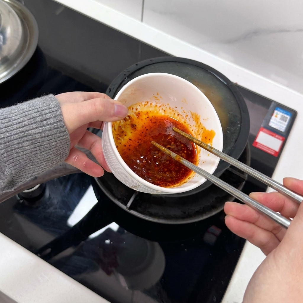 Mezclando huevos y salsa de chile en un bol con palillos.