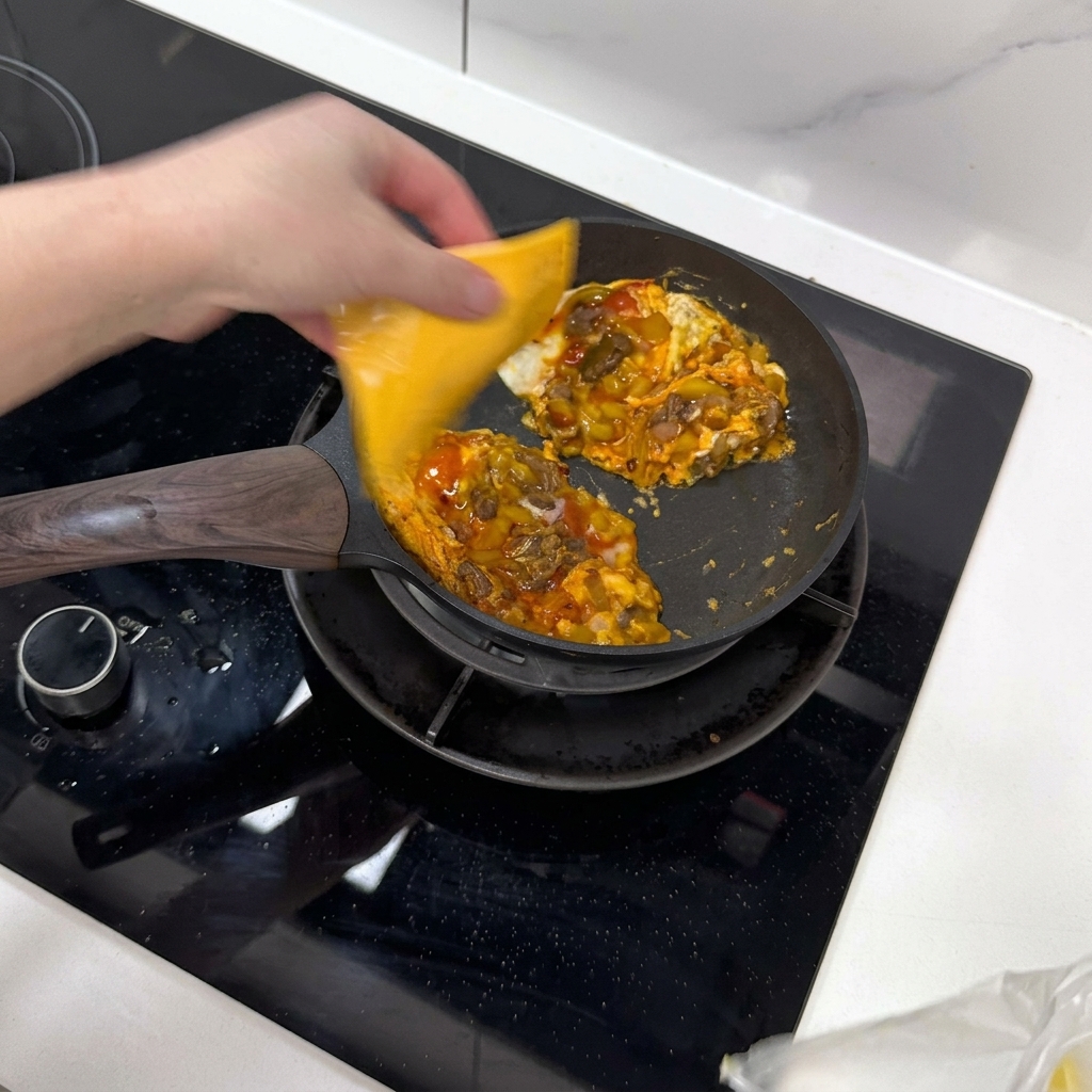 Lonchas de queso sobre las porciones de huevo y carne.