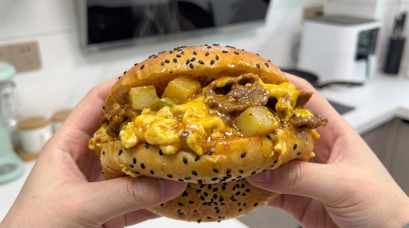 Hamburguesa de Estilo Chino Rellena de Ternera y Huevo