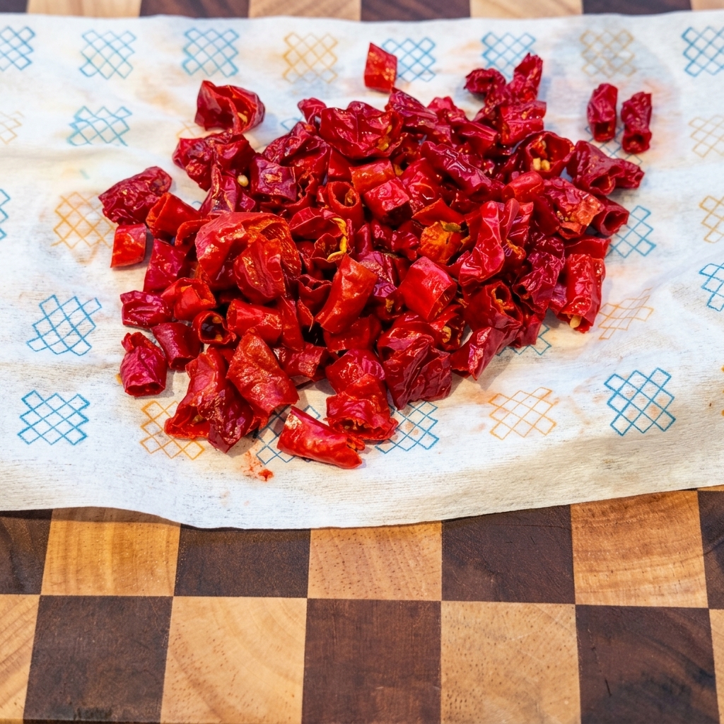Pieles de chile rojo ablandadas finamente picadas y reunidas sobre una toalla de papel en una tabla de cortar de madera.