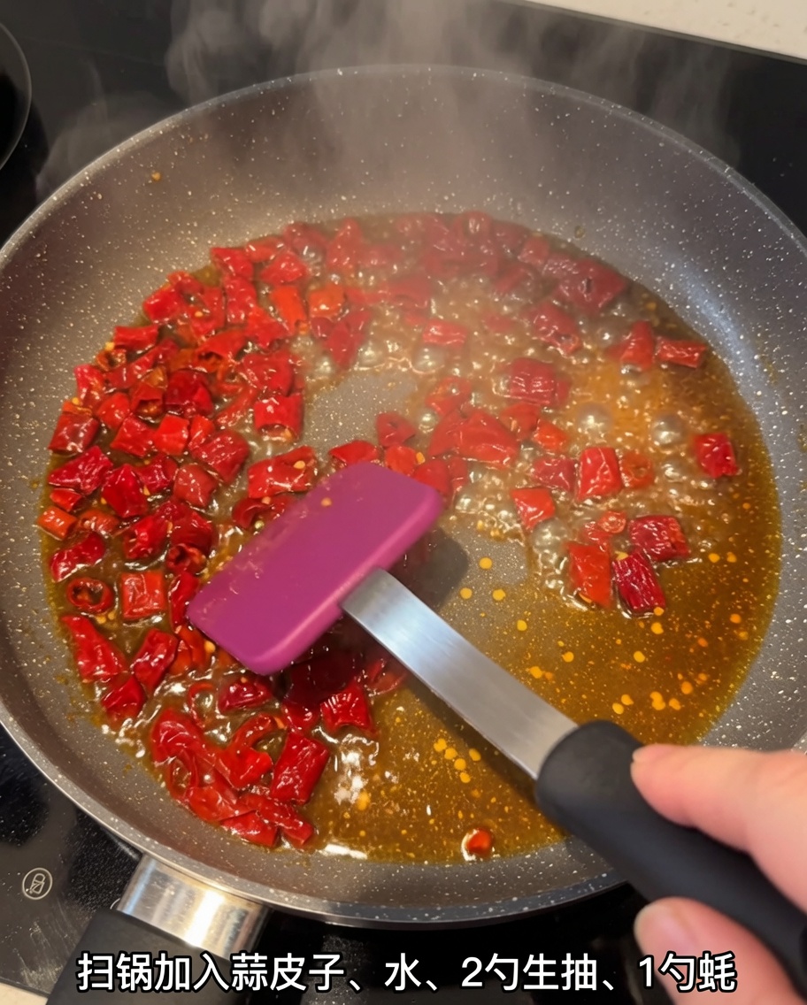 Pieles de chile picadas cocinándose a fuego lento en una sartén con una sabrosa mezcla de salsa a base de soja.