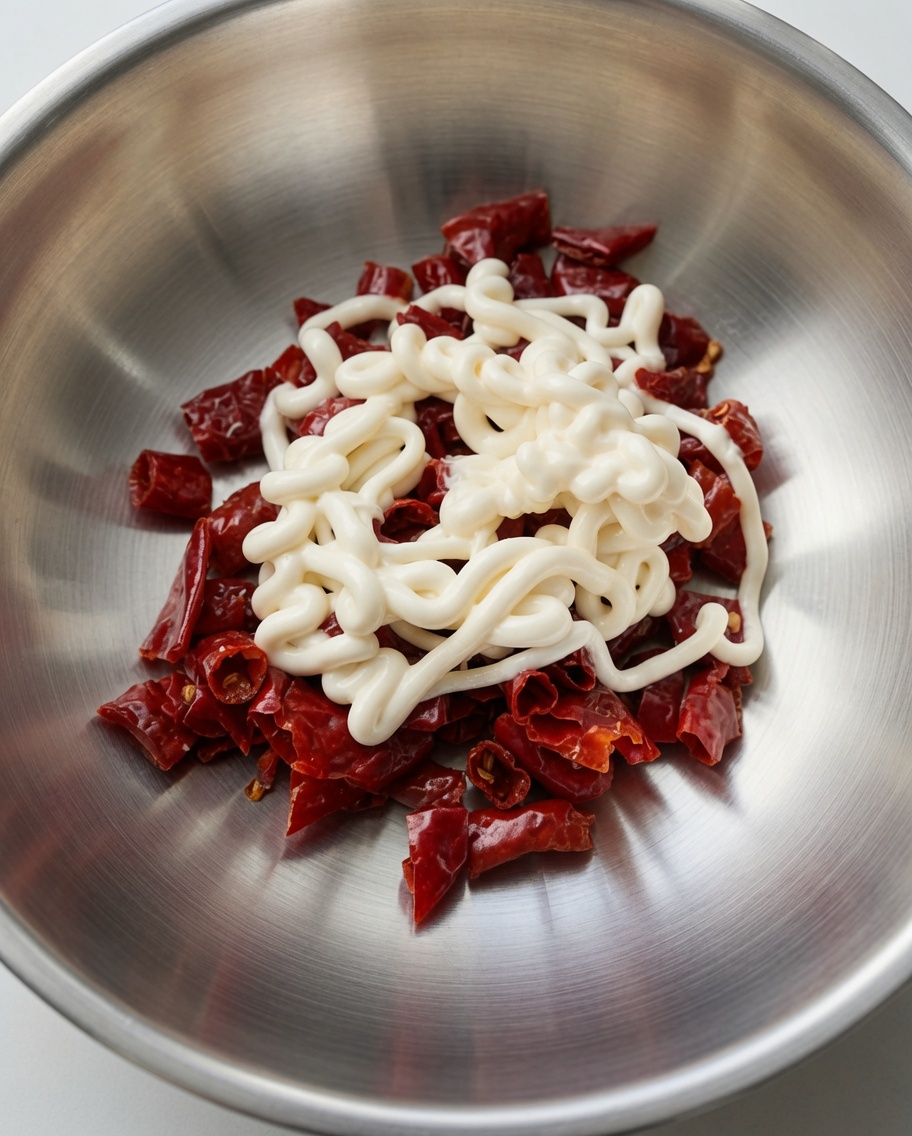 Pieles de chile rojo picadas cocinadas cubiertas con hilos de mayonesa en un tazón de acero inoxidable.