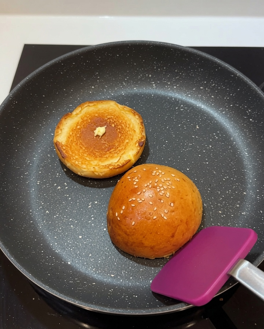 Mitades de pan de hamburguesa tostándose en una sartén con mantequilla derretida hasta quedar doradas.