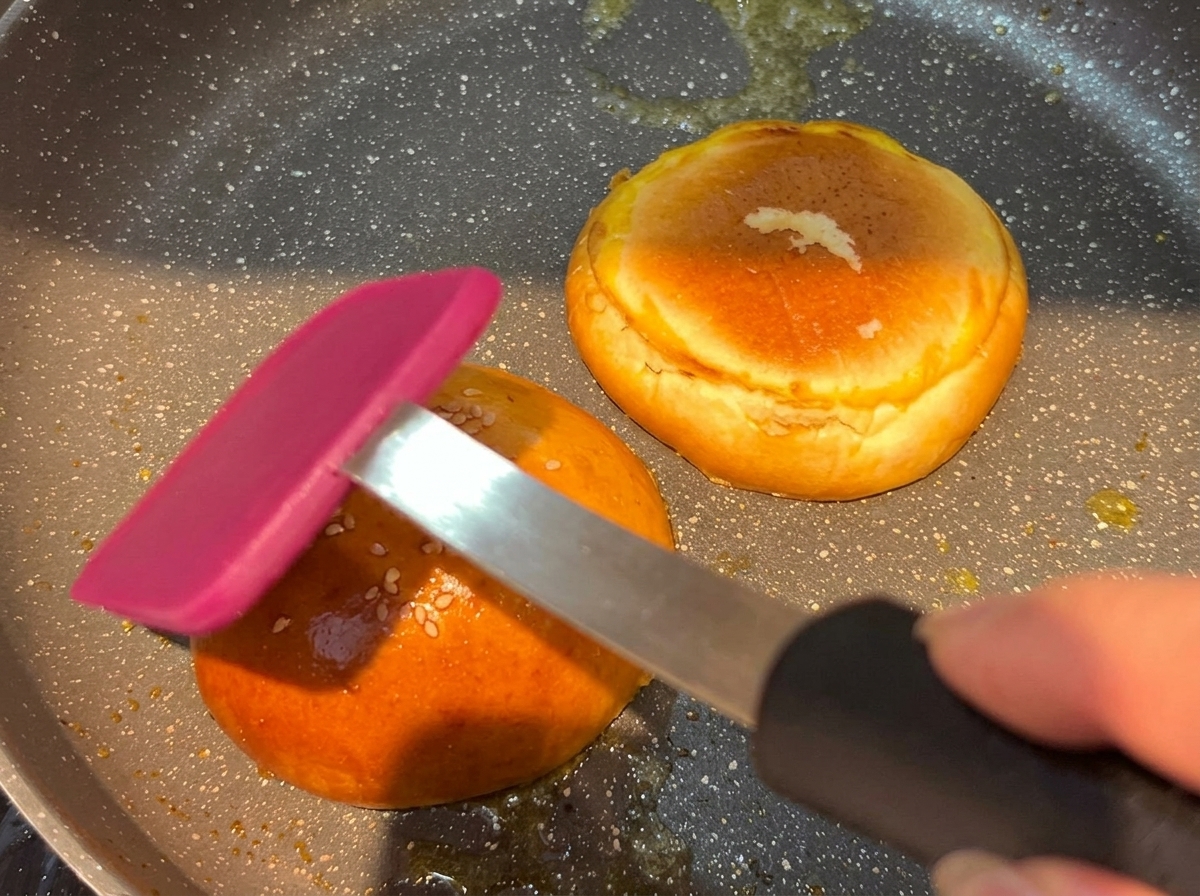 Una jugosa hamburguesa de res sellándose en una sartén caliente, desarrollando una rica corteza marrón.