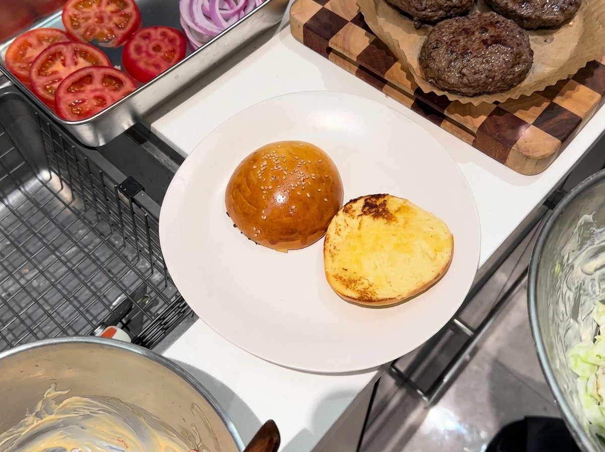 Una hamburguesa perfectamente montada en un plato, con lechuga fresca, una hamburguesa de res, rodajas de tomate y salsa de chile picante.