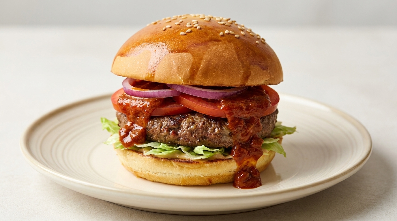 Una hamburguesa gourmet picante con una jugosa hamburguesa de res cubierta con una rica salsa de piel de chile picante y sabrosa.