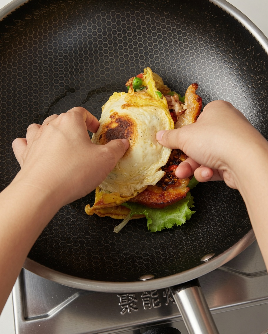 Dos manos doblando un ensamblaje cargado de tortilla y pan por la mitad para formar una hamburguesa gruesa en un wok.