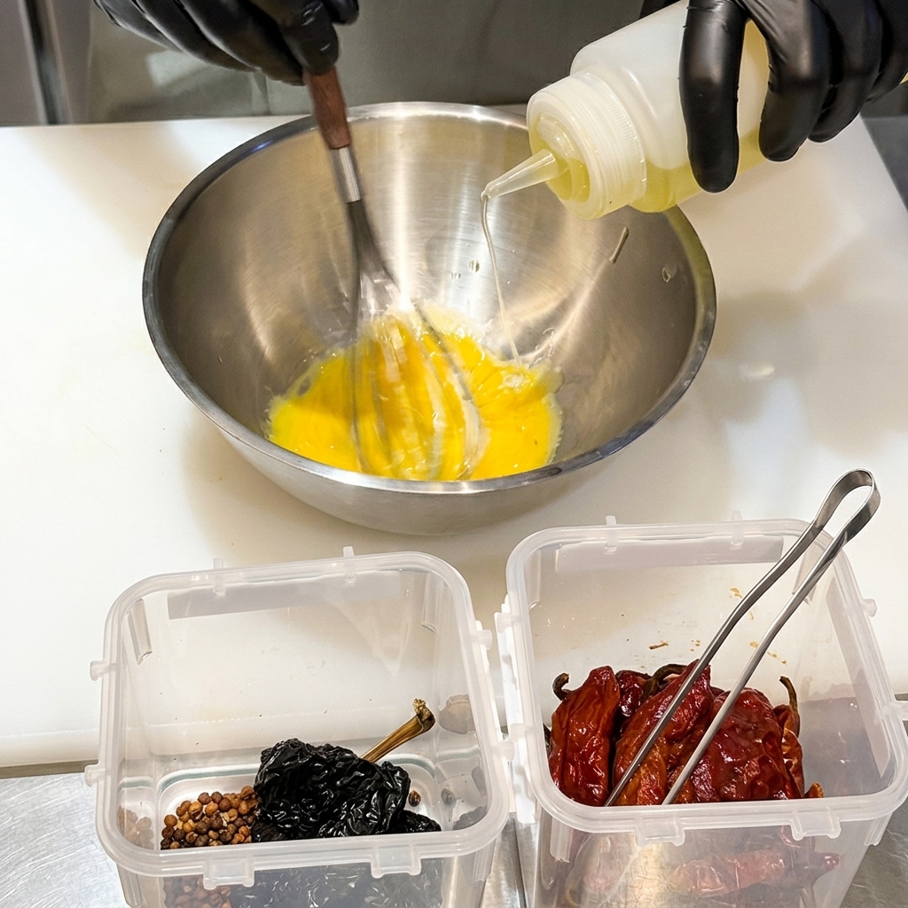 Batiendo yemas de huevo mientras se vierte aceite para crear mayonesa.