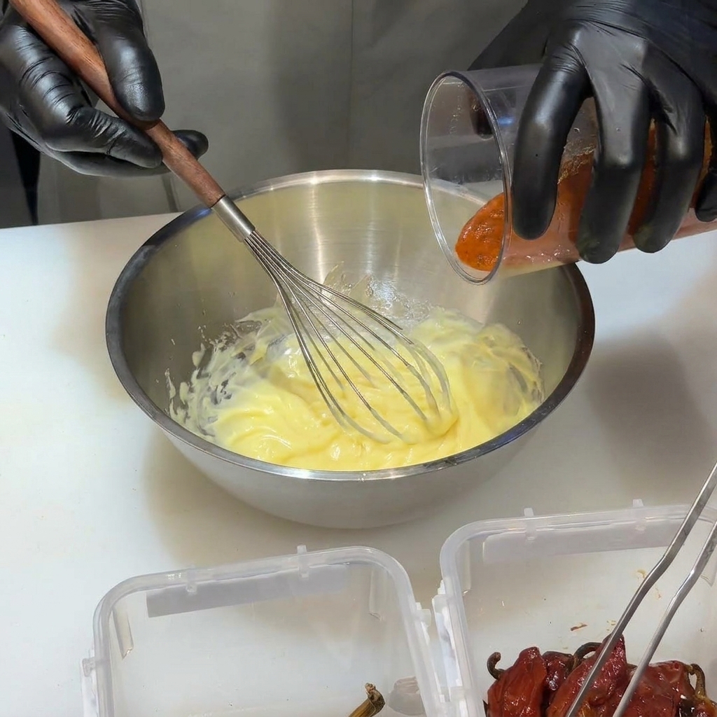 Salsa de chile batiéndose en una base de mayonesa cremosa.