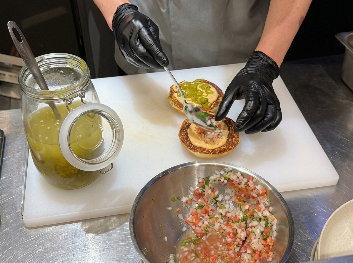 Mitades de pan brioche con mantequilla tostándose en una plancha caliente.