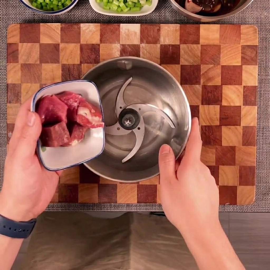 Trozos de res, cerdo, cebolla y pimiento verde dentro de una picadora de alimentos de metal con cuchillas.