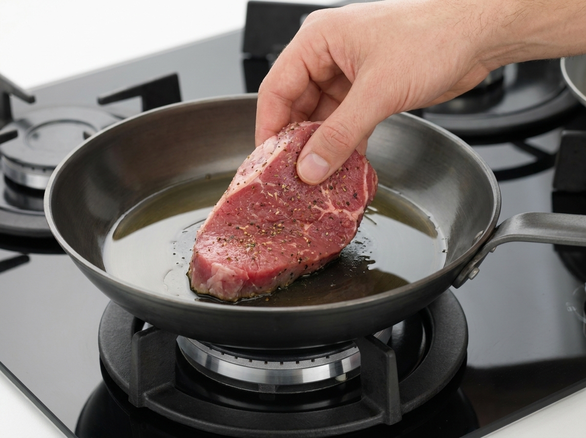 Una porción de carne cruda y condimentada colocándose en una sartén de acero inoxidable caliente y engrasada sobre los fogones.