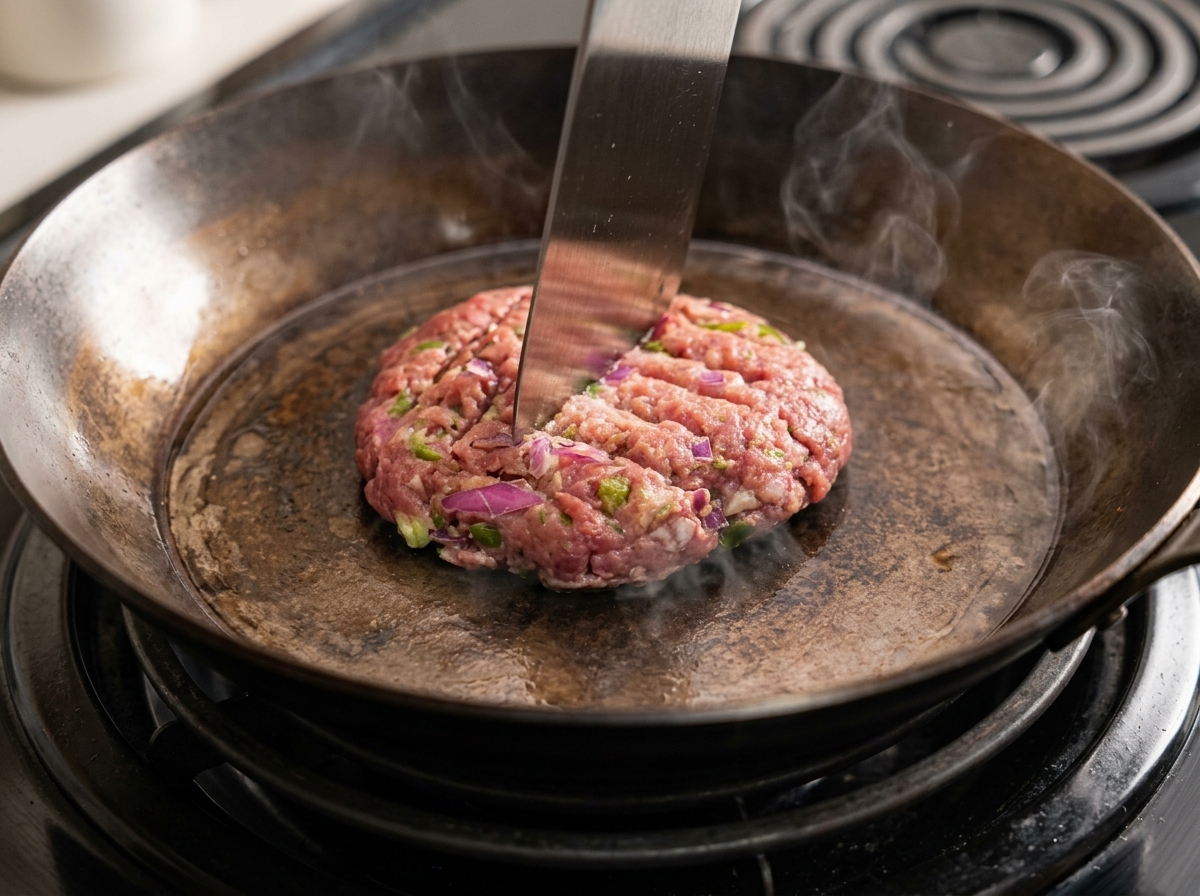 Una espátula de metal haciendo un patrón de rejilla en la superficie de la hamburguesa que se está cocinando en una sartén.