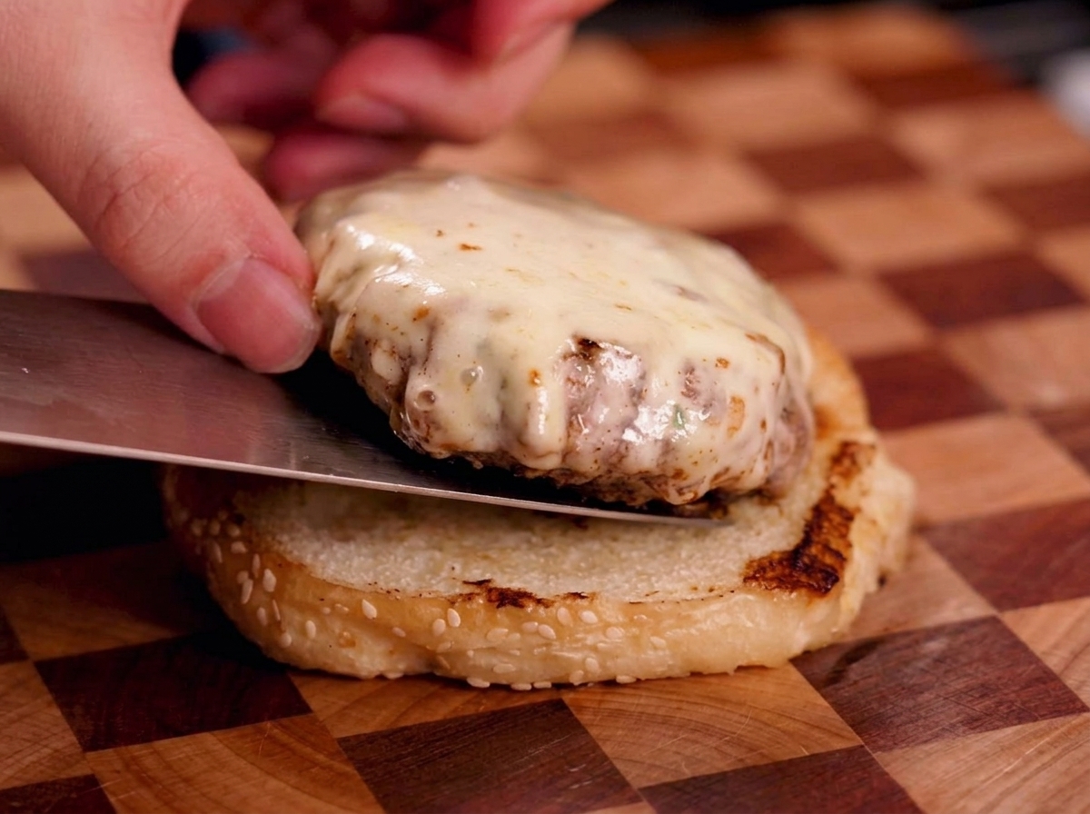 Una espátula transfiriendo una hamburguesa cocinada y cubierta de queso blanco fundido sobre la base de un pan con sésamo tostado.