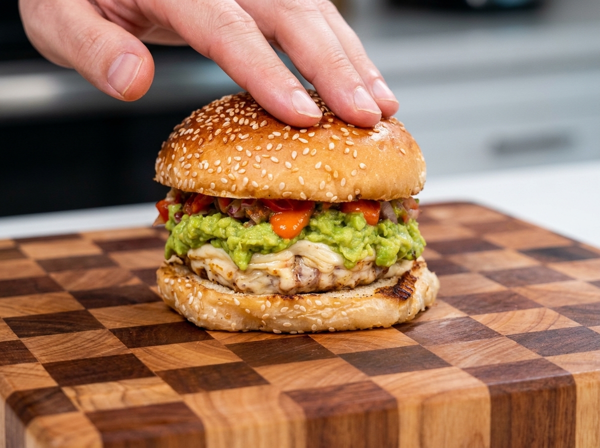 Una mano colocando la mitad superior de un pan con sésamo sobre una hamburguesa completamente montada.
