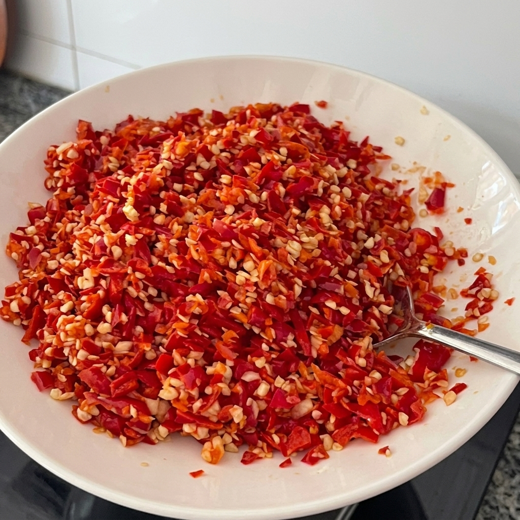 Chiles ojo de pájaro rojos picados y ajo picado combinados en la mantequilla derretida.