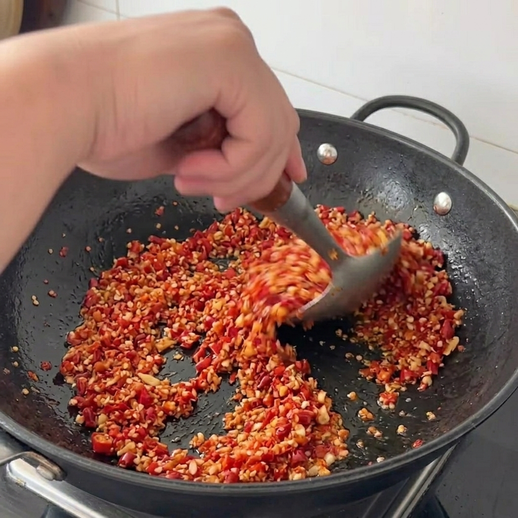 La mezcla de chile y ajo siendo salteada en el wok con una espátula de metal grande.