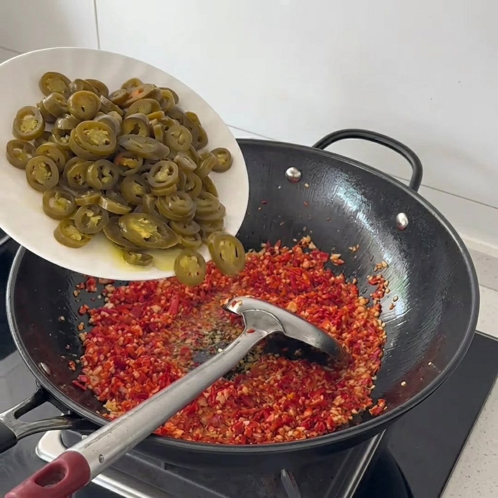 Rodajas de jalapeño verde encurtido siendo añadidas a la mezcla de chile salteado en el wok.