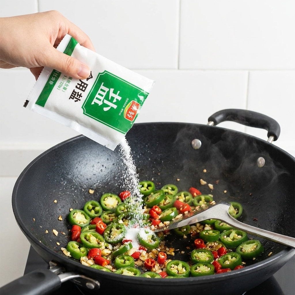 Sal siendo espolvoreada sobre la mezcla de chile y jalapeño salteada en el wok.