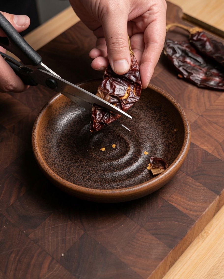 Primer plano de manos usando tijeras para cortar chiles Guajillo secos sobre un tazón rústico.