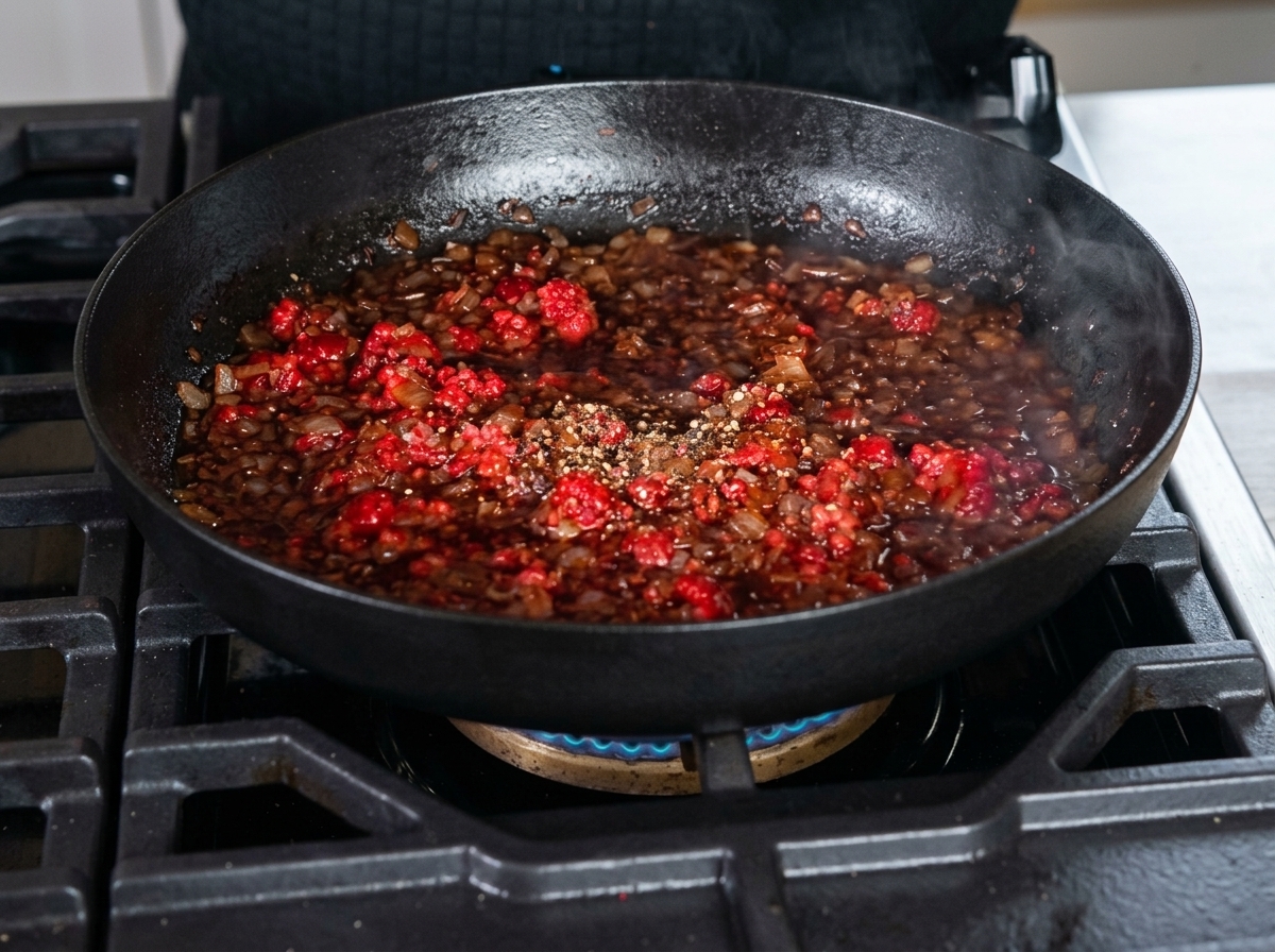 Tocino, frambuesas, cebollas y café cocinándose a fuego lento.