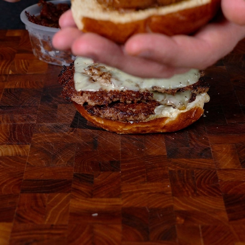 Untando mermelada de tocino sobre la tapa del pan.