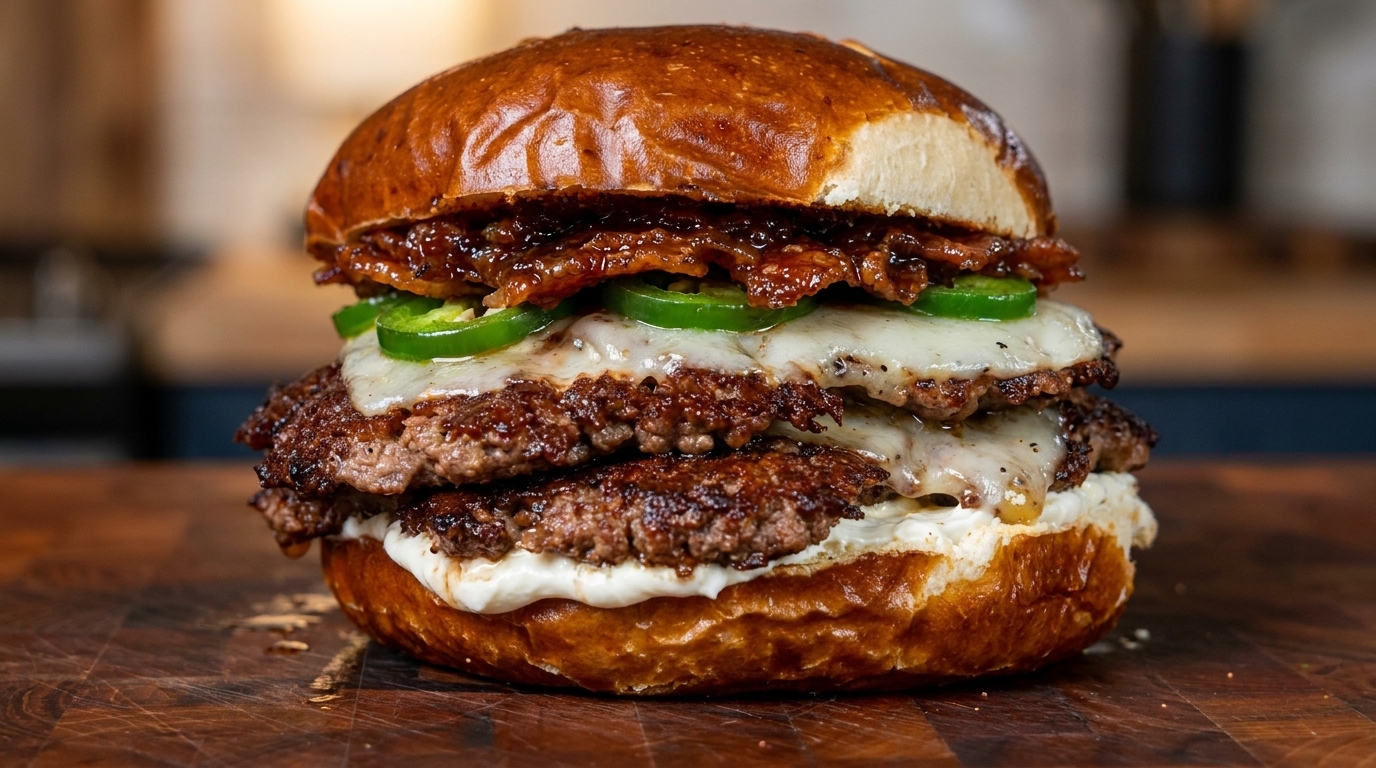 Una imponente hamburguesa smash coronada con queso Havarti fundido, jalapeños frescos y una brillante mermelada de tocino y frambuesa.