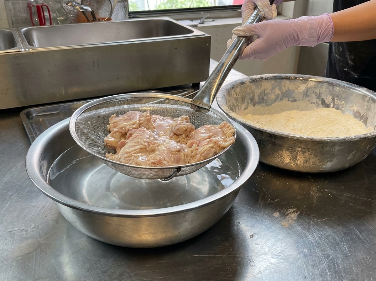 Trozos de pollo enharinados sacados de un baño de agua con un colador para escurrir el exceso de líquido.