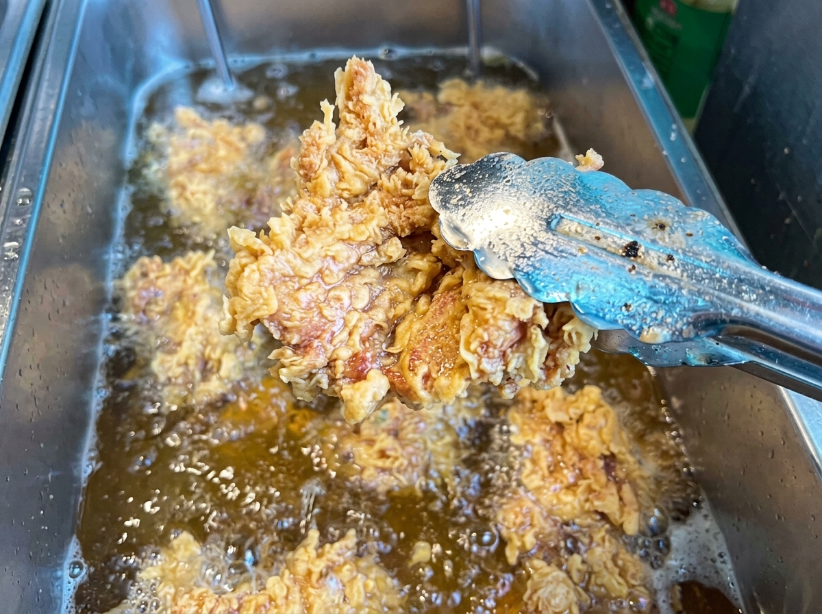 Pinzas levantando un trozo de pollo frito dorado y crujiente de una freidora burbujeante.