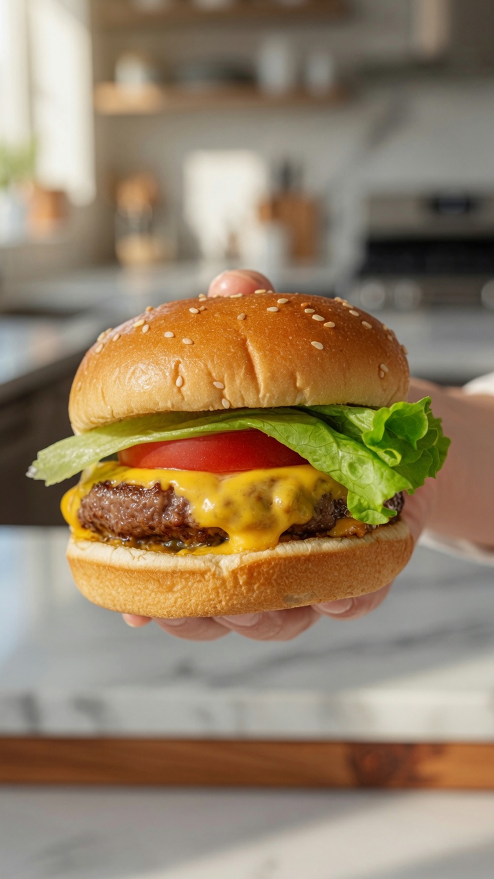 Una jugosa hamburguesa de ternera Angus con queso cheddar fundido, tomate fresco y lechuga crujiente en pan tostado.