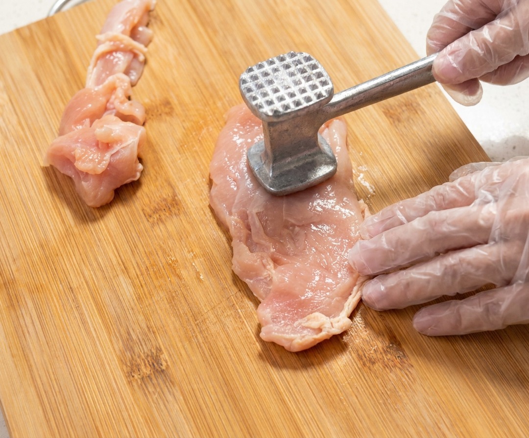 Primer plano de una pechuga de pollo cruda siendo ablandada con un mazo de cocina sobre una tabla de madera.