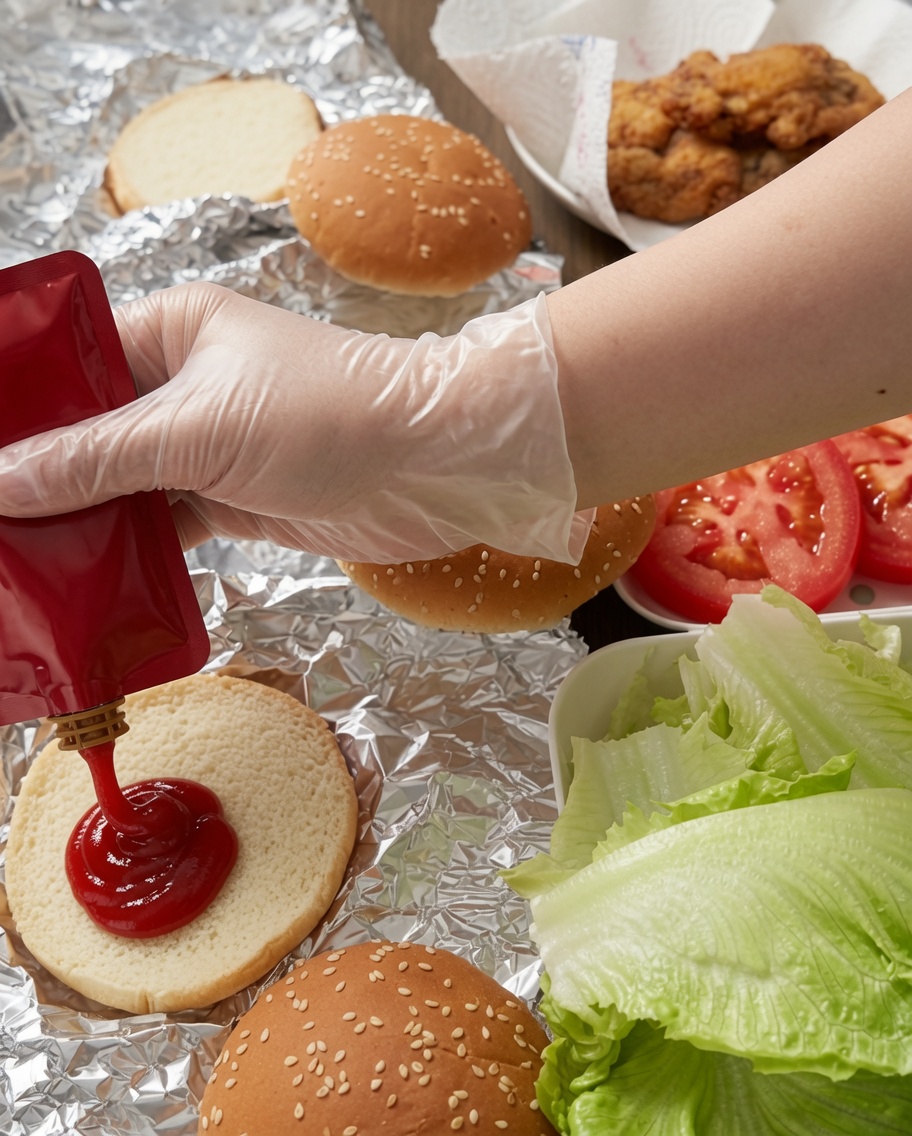 Una mano con un guante plástico exprimiendo ketchup sobre un pan de hamburguesa suave, con lechuga fresca y tomates en rodajas cerca.