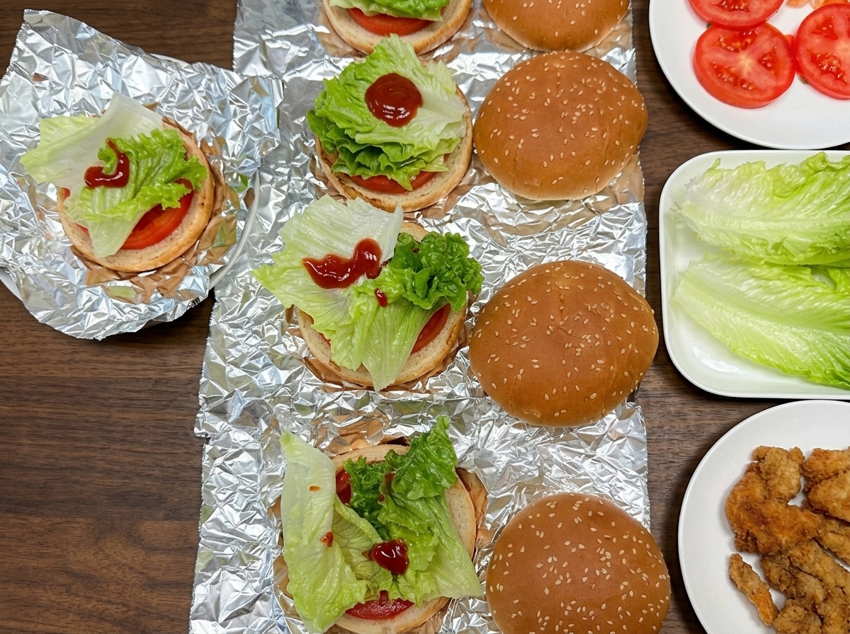 Un filete de pollo frito dorado siendo colocado sobre una base de hamburguesa con lechuga verde y tomate.