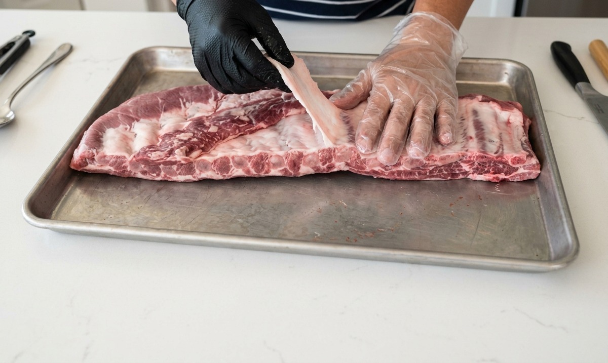 Manos con guantes retirando la membrana plateada de la parte posterior de un rack de costillas crudas.