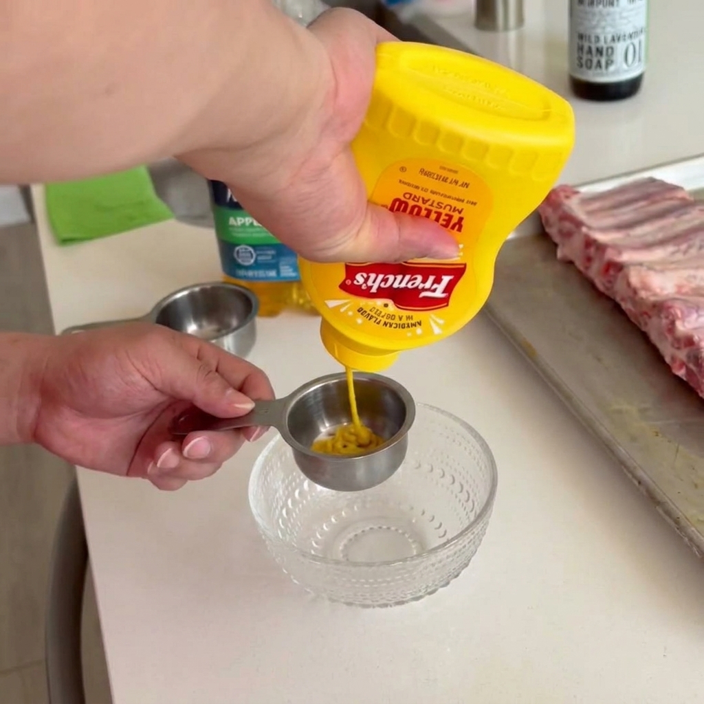 Mostaza amarilla siendo vertida en una taza de medir de metal para mezclar con jugo de manzana.