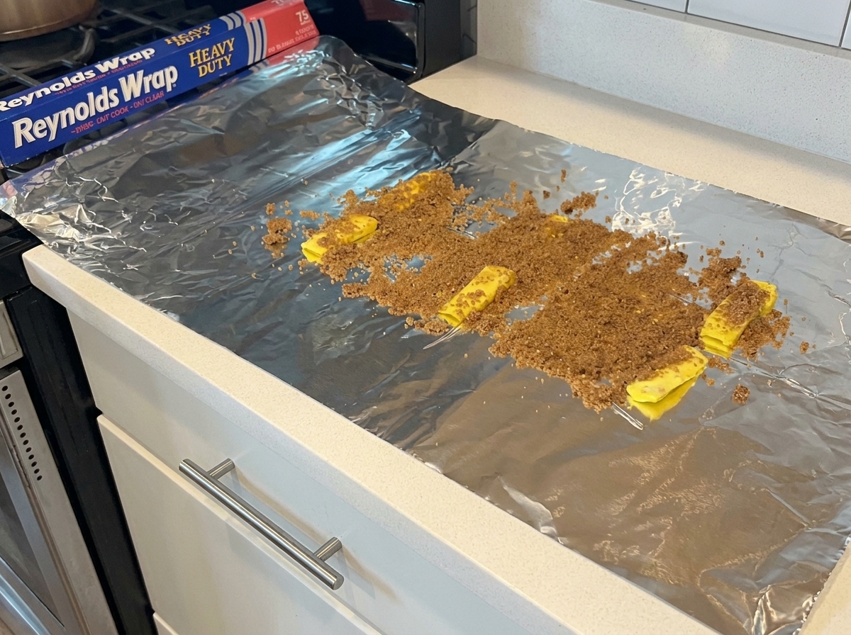 Lámina de papel aluminio con líneas de azúcar morena y trozos de mantequilla.