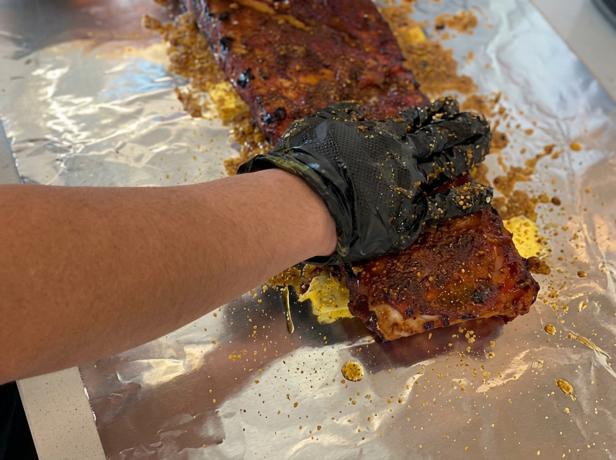 Rack de costillas siendo colocado sobre la base de azúcar y mantequilla en el papel aluminio.