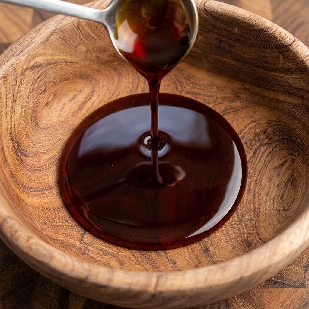 Vista cenital de un batidor mezclando un marinado oscuro y rico dentro de un cuenco de madera rústico.