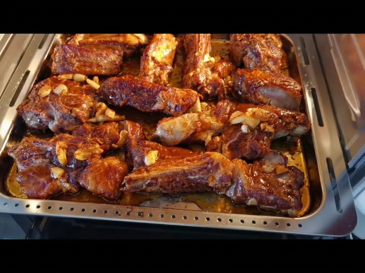 Costillas de cerdo marinadas dispuestas en una bandeja de acero inoxidable dentro del horno.