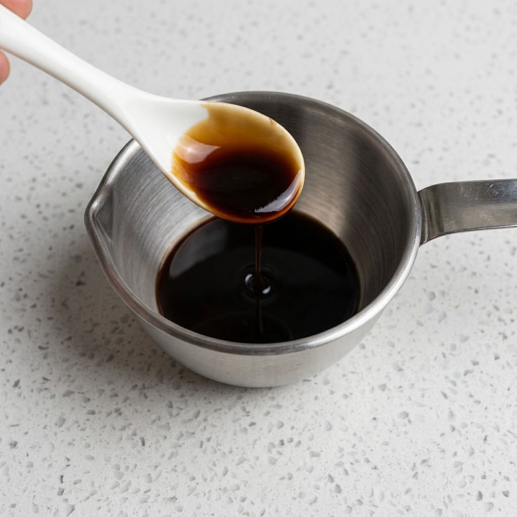 Kétchup y salsa char siu mezclándose con la base de soja en un recipiente de metal.