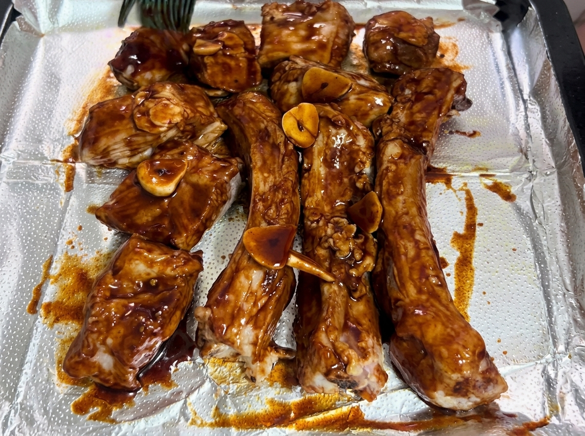 Un pincel de silicona azul extendiendo el marinado sobre las costillas.
