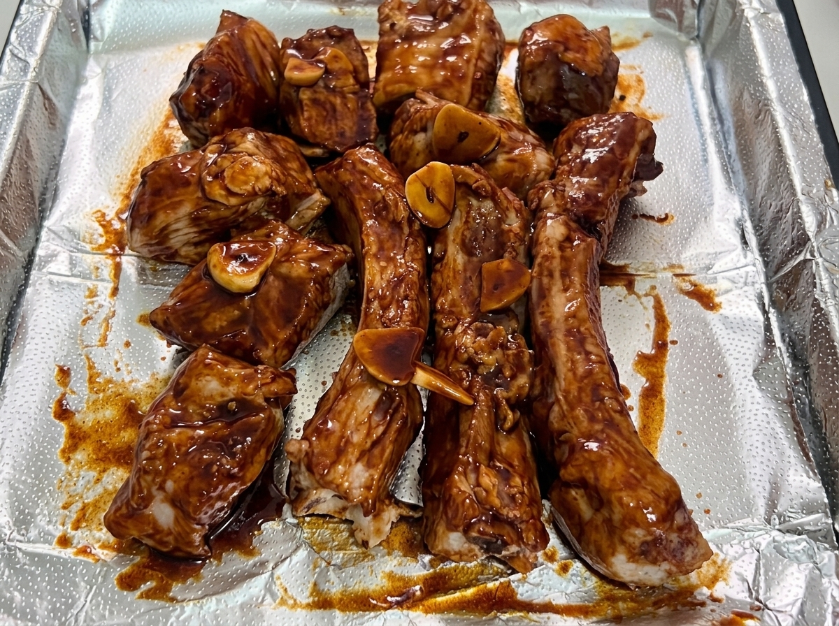 Una fina capa de aceite siendo rociada sobre las costillas marinadas.