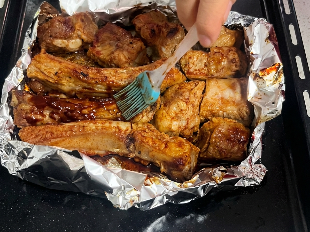 Primer plano de un pincel aplicando salsa espesa sobre las costillas horneadas.