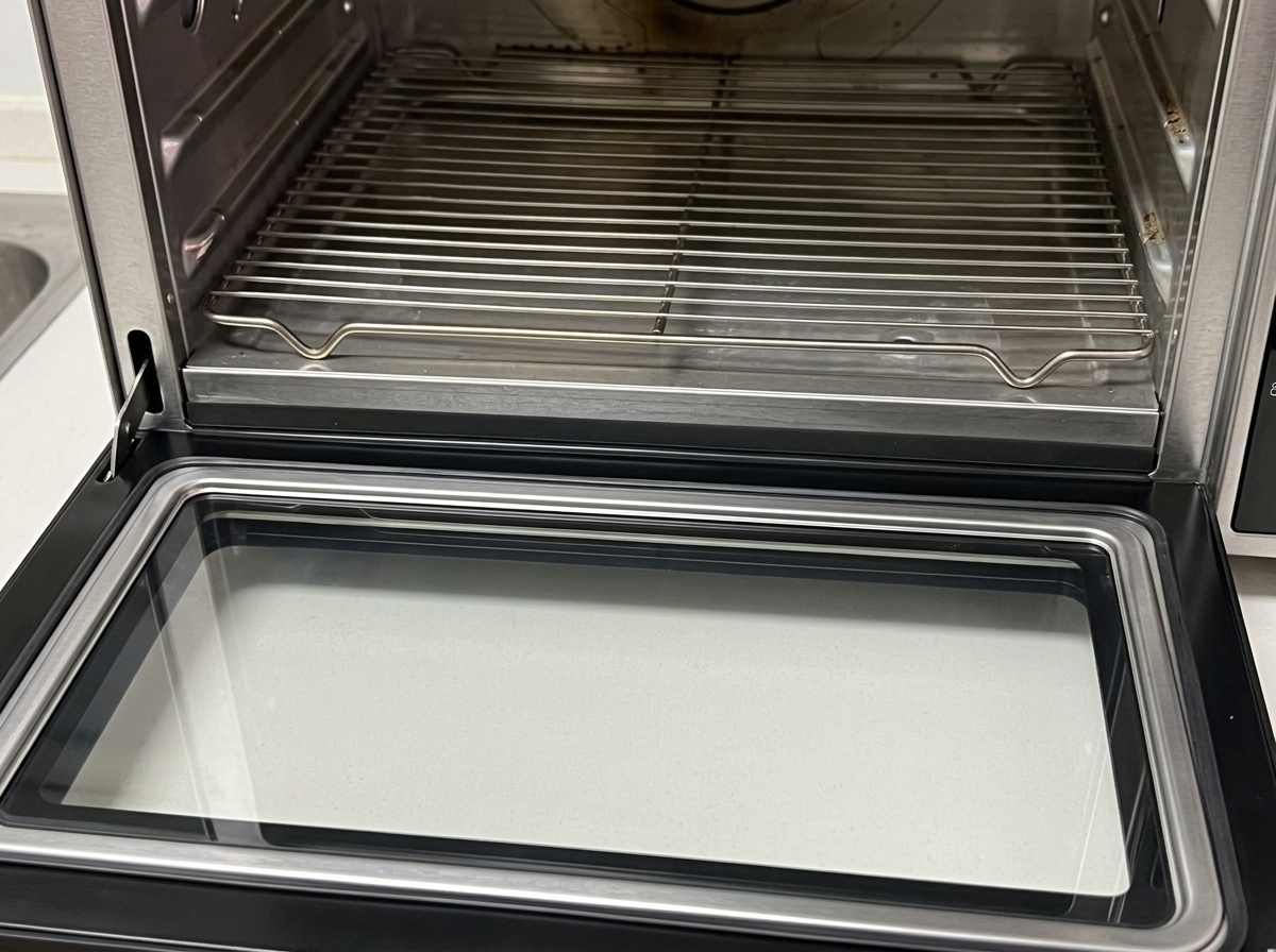 El interior del horno mostrando una rejilla lista para la bandeja de costillas glaseadas.