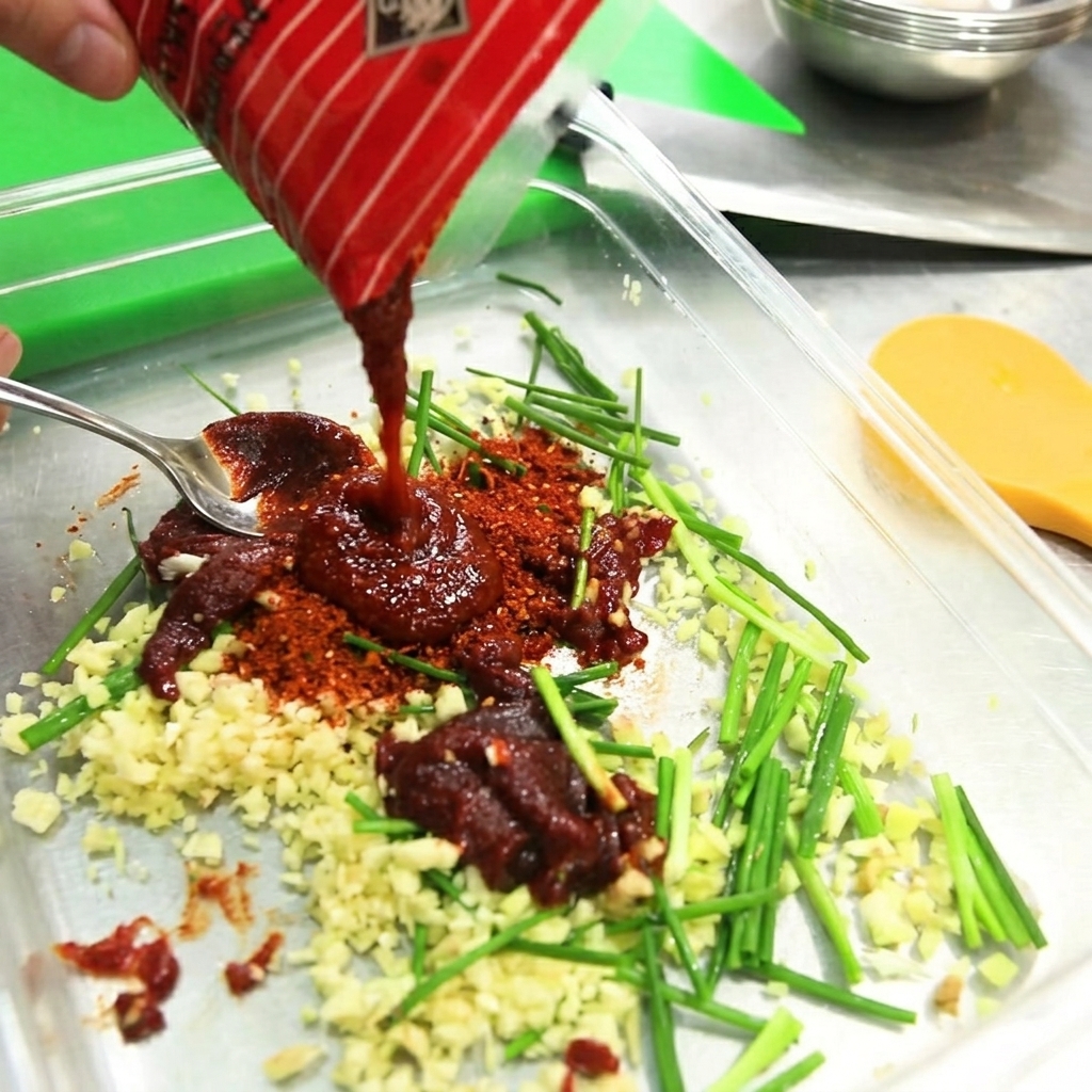 Polvo de pimiento rojo coreano siendo vertido en el recipiente del adobo.