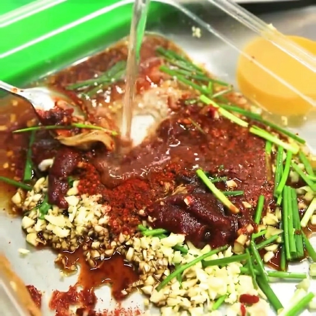 Una cuchara de metal mezclando los ingredientes del adobo en un recipiente transparente.