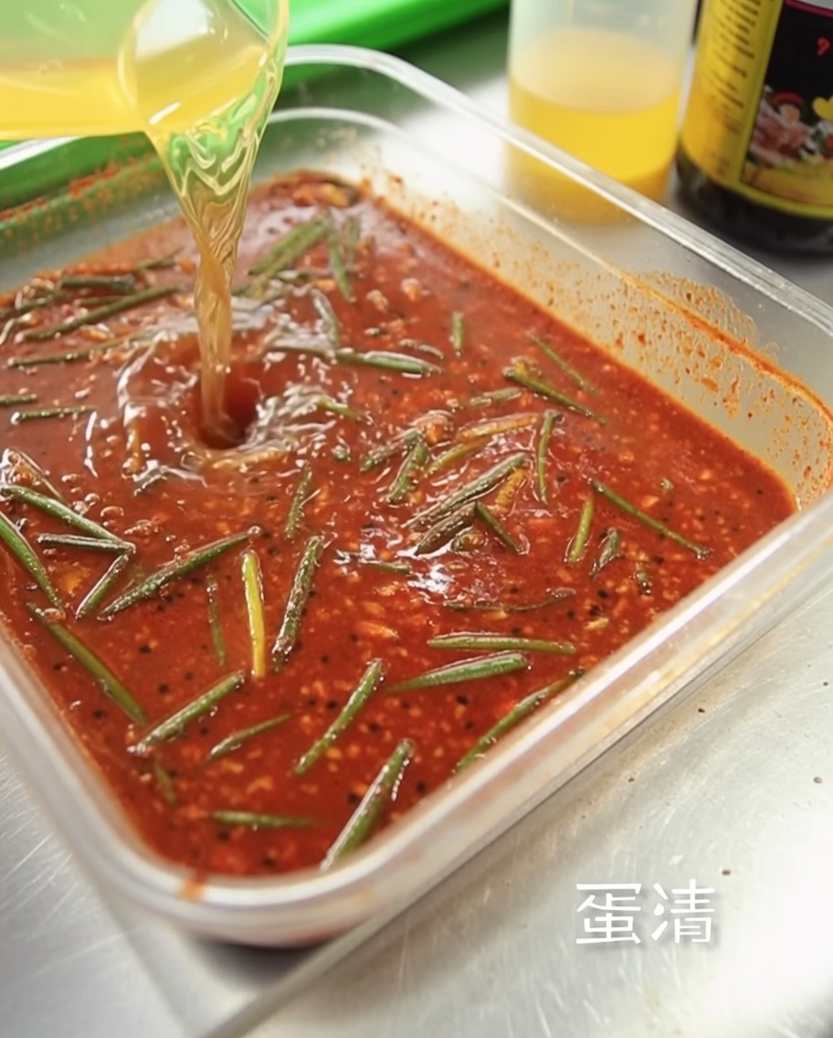 Claras de huevo siendo vertidas en el recipiente con los ingredientes rojos del adobo.