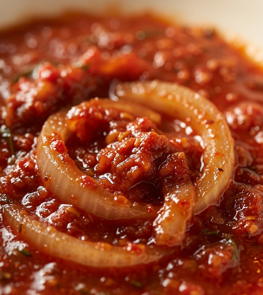 Costillas de cerdo crudas siendo mezcladas en el adobo rojo vibrante.